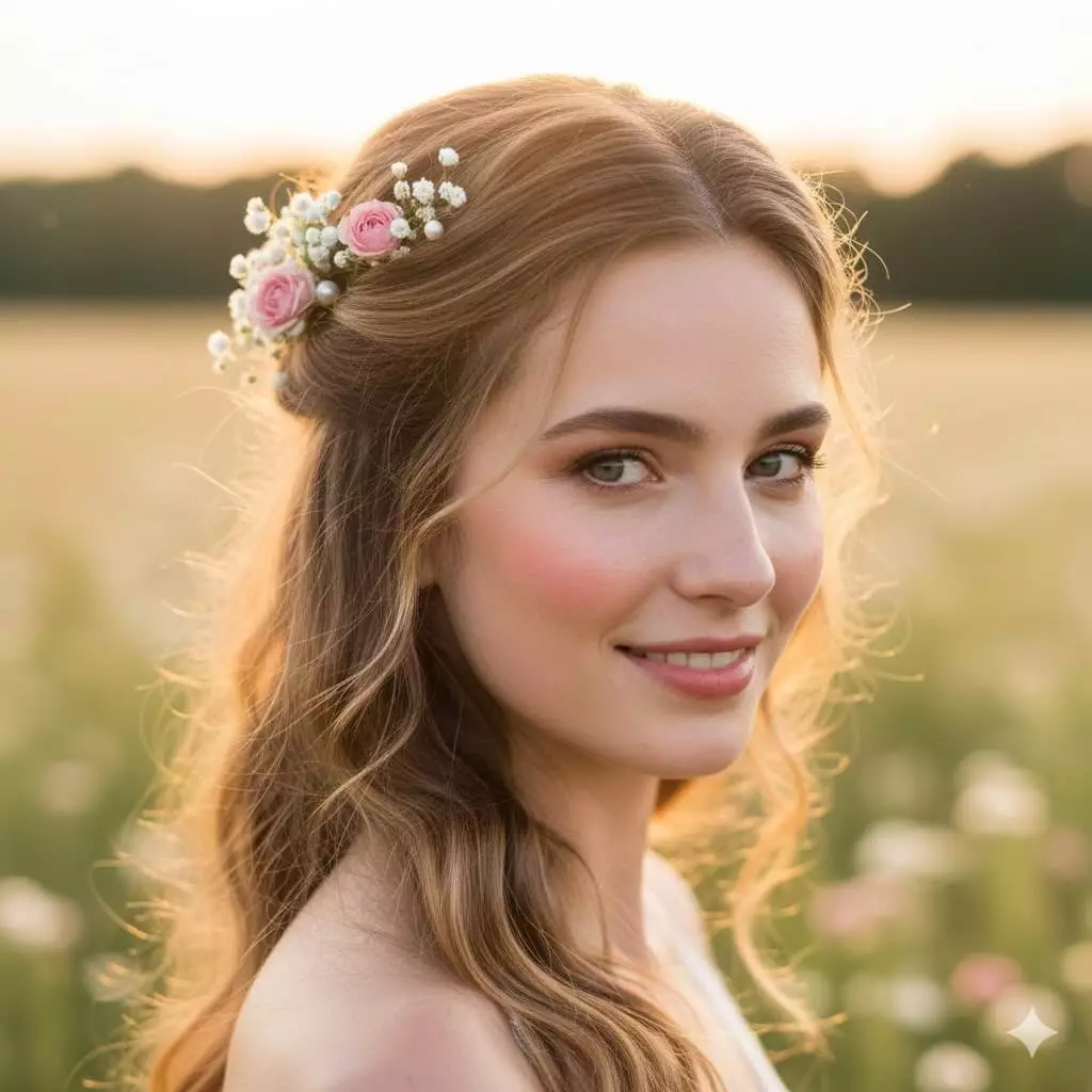 Alt: Half-up hairstyle with pearl pins and floral accents, soft waves, vertical mobile-friendly crop