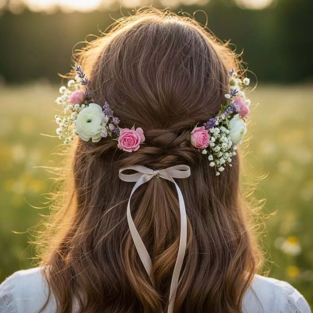 Alt: Detail of boho half-up with natural waves, ribbon, and flower accents, vertical mobile-friendly layout