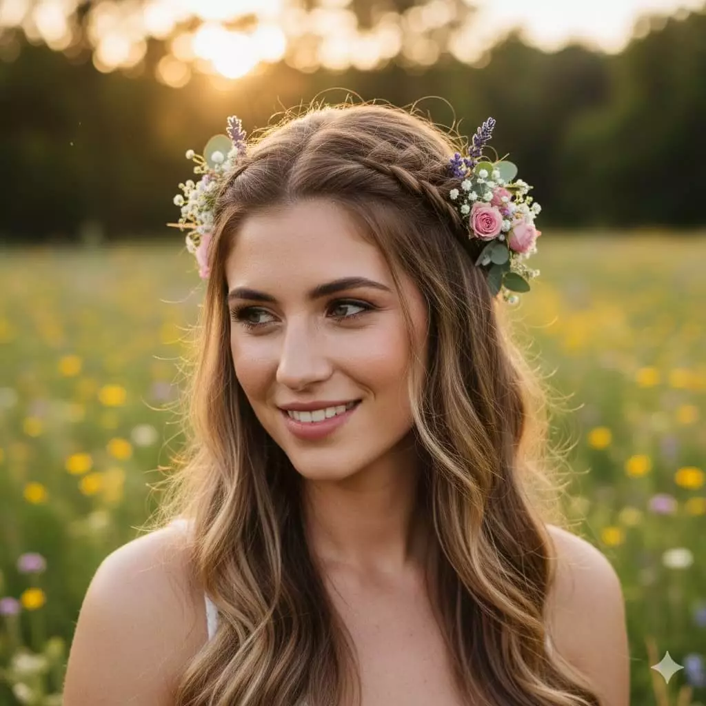Alt: Bride with boho half-up hairstyle, loose waves and small braids, adorned with fresh flowers, vertical mobile crop