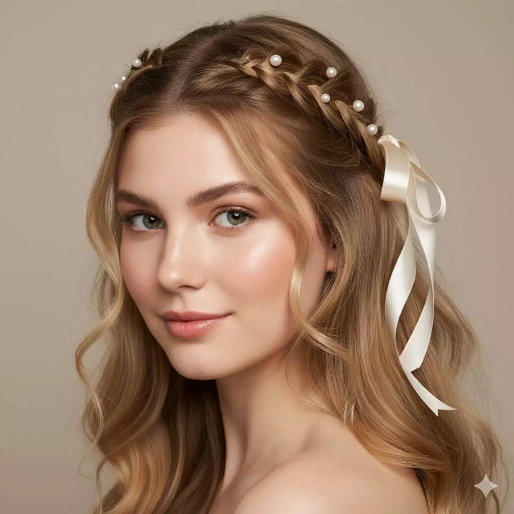 long hair wedding half up — braided crown detail with pearl accents and satin ribbon, soft wavy length, romantic bridal style