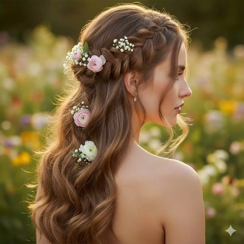 Alt: Bride with braided half-up long hair, fishtail braid with small floral accents, soft mermaid waves, vertical mobile crop