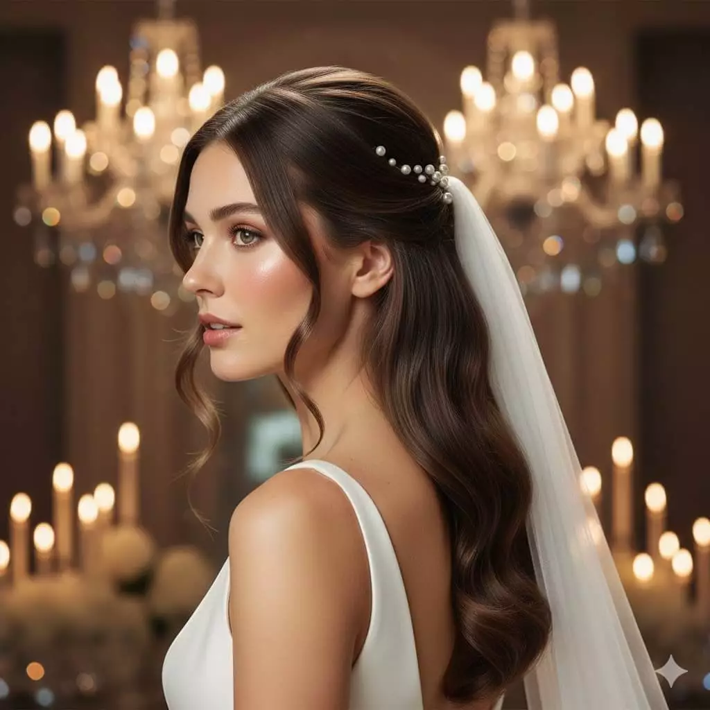 Alt: Bride with classic half-up half-down long hair, soft waves cascading down, pearl pins and delicate veil, romantic indoor lighting, vertical mobile crop
