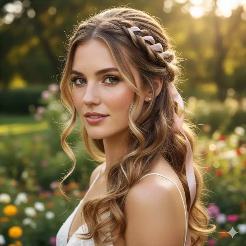 Alt: Bride with twisted half-up hairstyle, ribbon woven into twists, soft curls below, garden wedding, vertical mobile crop