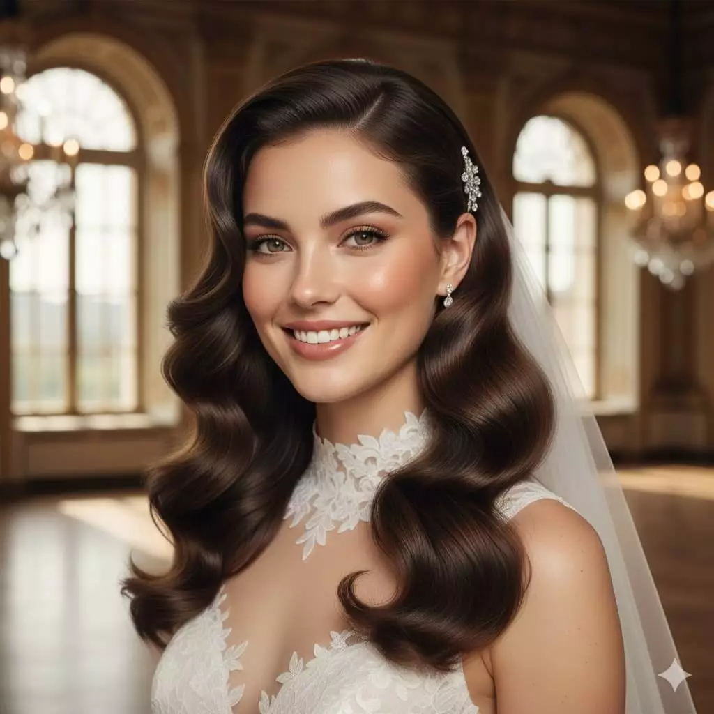 Bride with humidity-proof pinned Hollywood waves long hair 2026, front view, soft tendrils, glossy shine