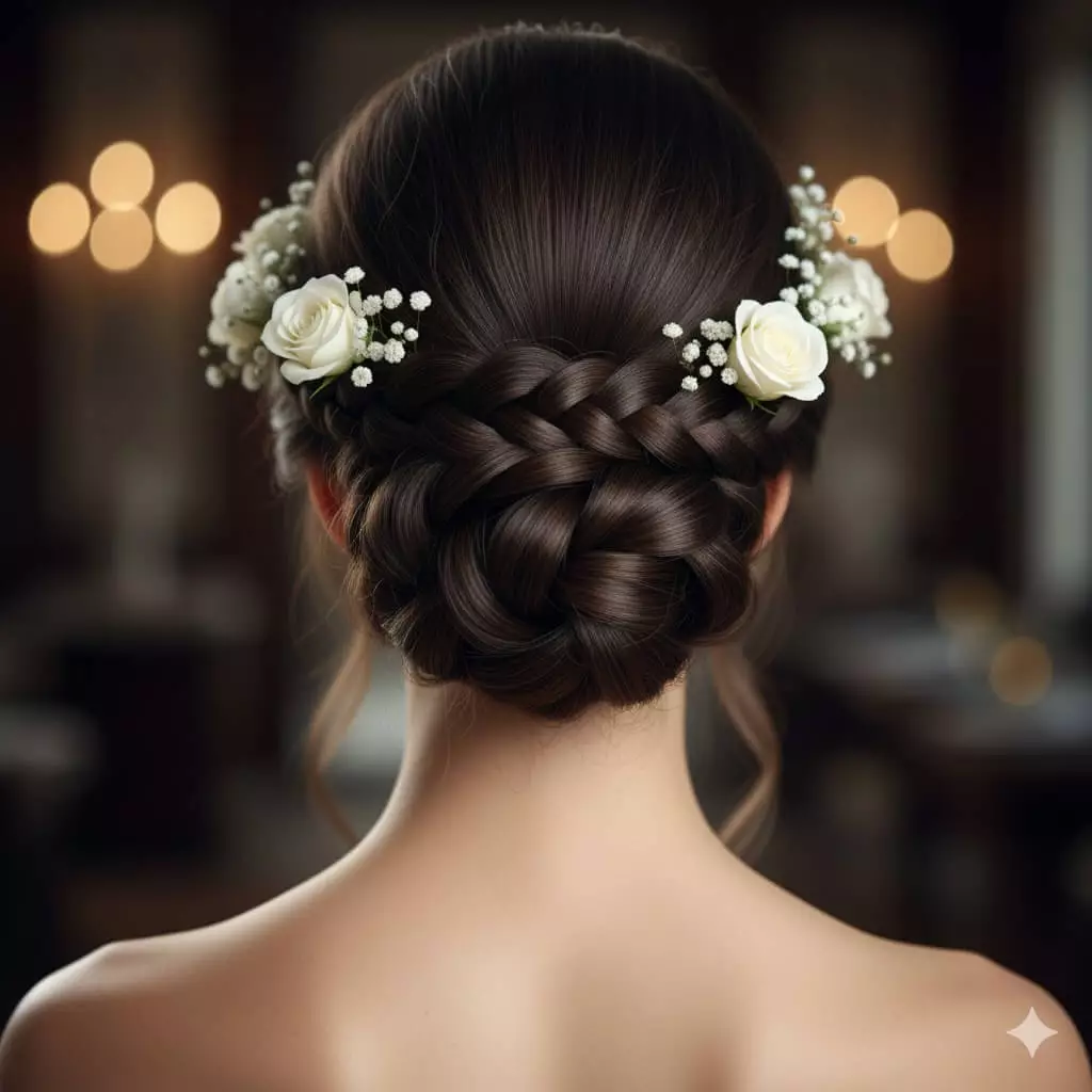 Bride with low braided humidity-proof updo long hair 2026, back view, braided texture details, tropical venue