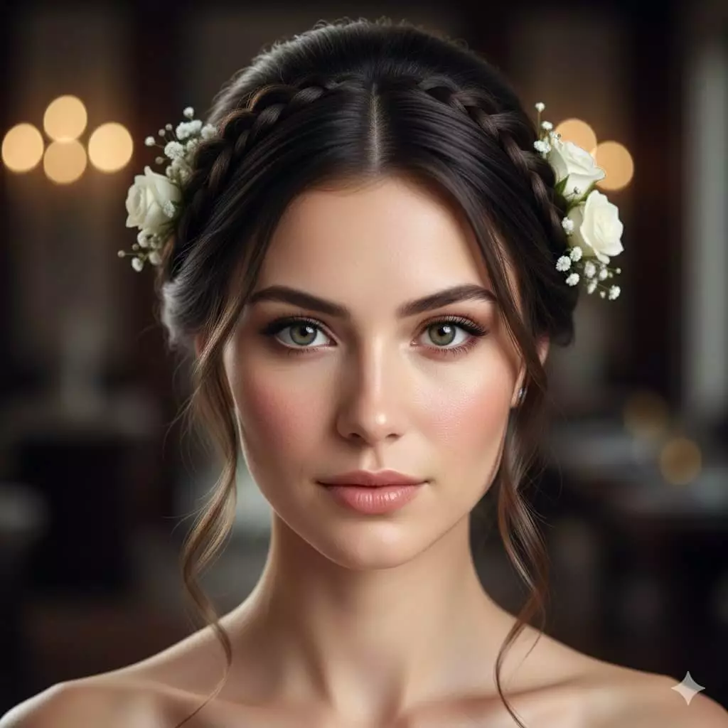 Bride with low braided humidity-proof updo long hair 2026, front view, floral accents