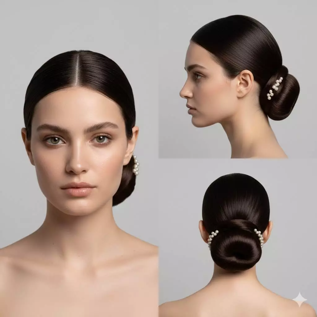 Bride with humidity-proof low chignon long hair 2026,glossy finish, pearl pins