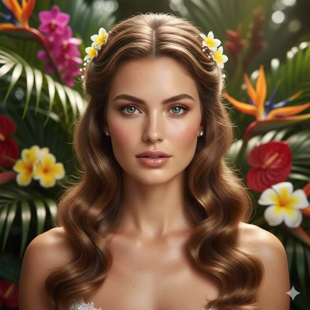 Bride with textured half-up humidity-proof long hair 2026, front view, romantic tendrils, tropical garden venue