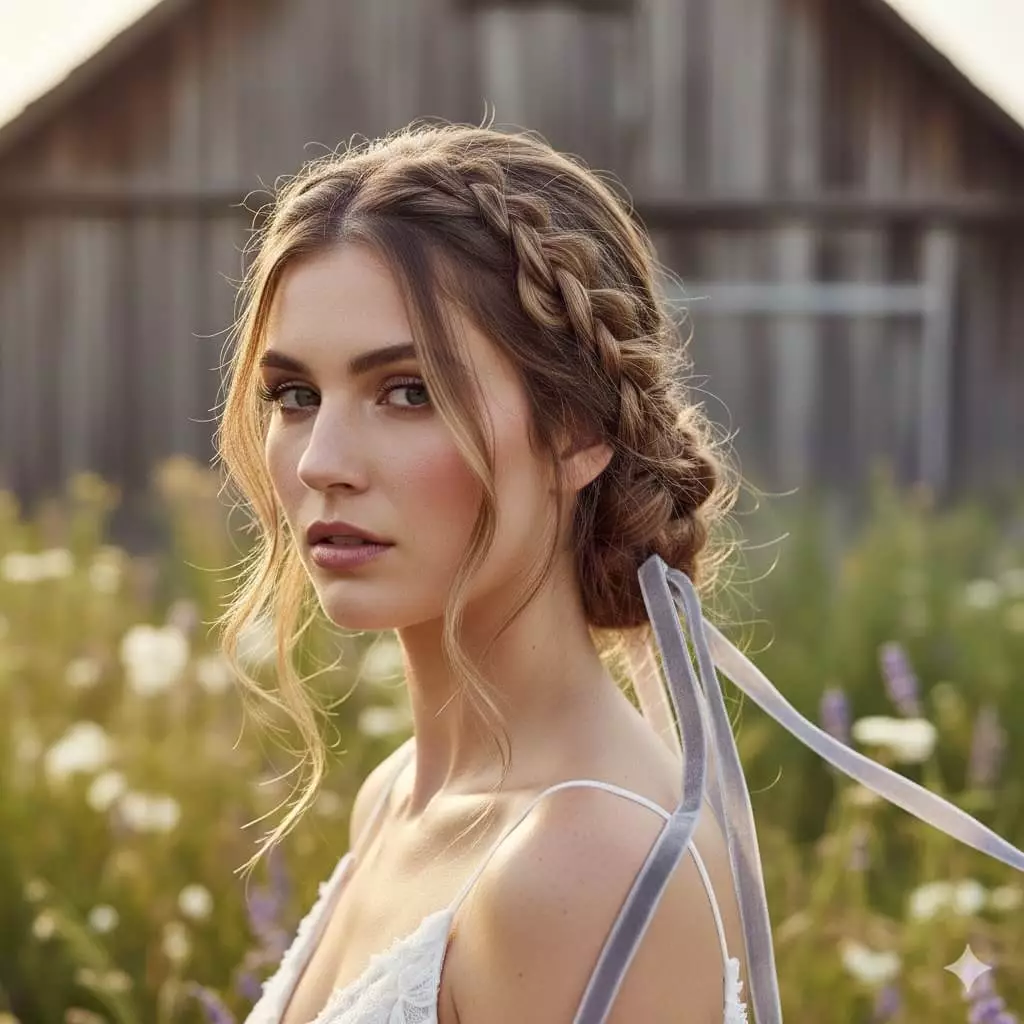 Braided low wedding updo for long hair 2026, romantic boho-chic style with ribbon weave, rustic outdoor venue, vertical crop