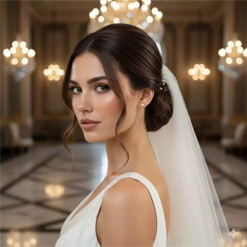 long hair wedding updo — glossy low chignon with center part, soft face-framing tendrils, veil-ready classic bridal style