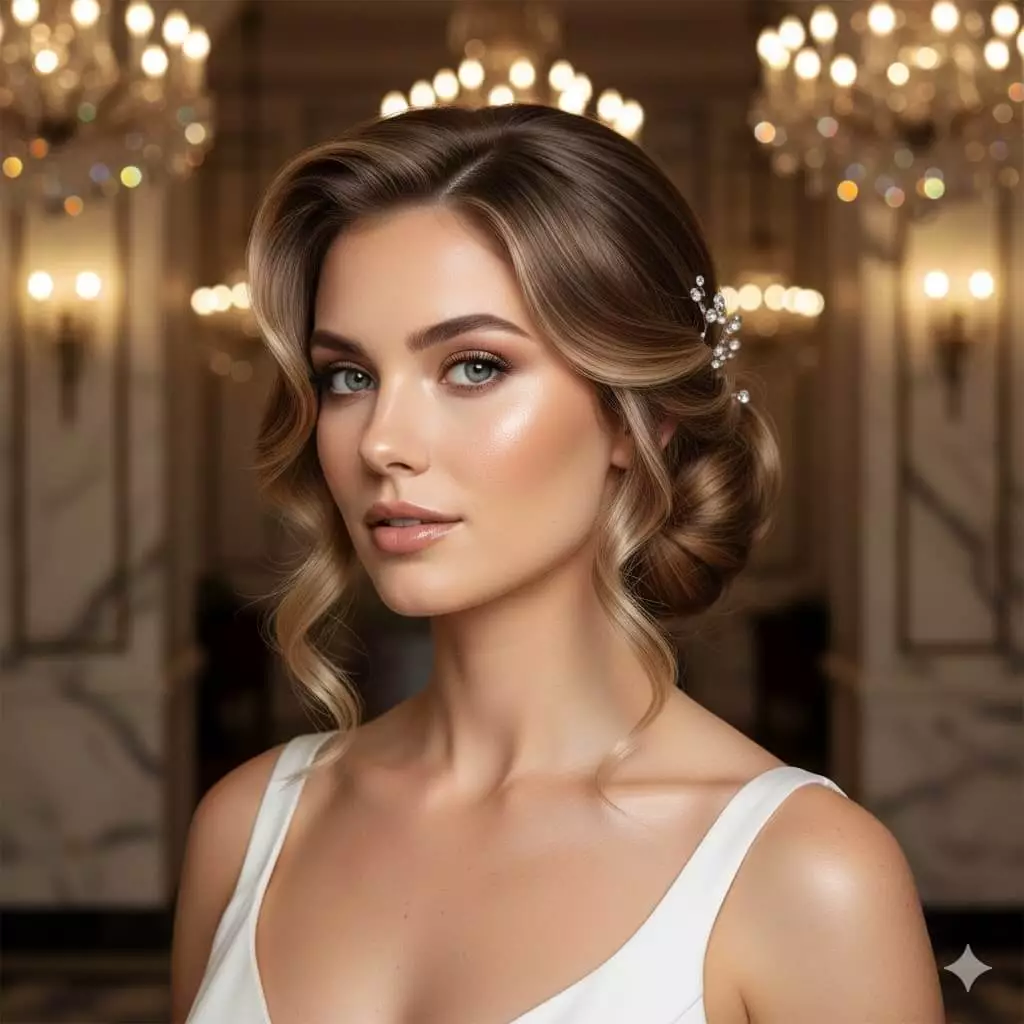 Hollywood wave wedding updo long hair 2026, elegant pinned style, crystal hairpins, luxury indoor venue, vertical crop