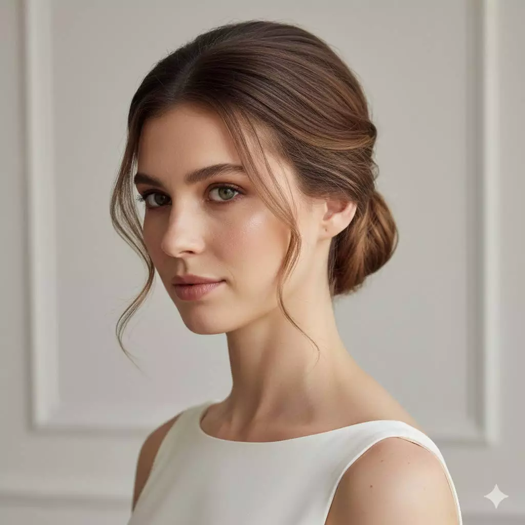 Modern low knot wedding updo for long hair 2026, voluminous crown, minimal accessories, sleek minimalist bridal gown, vertical crop