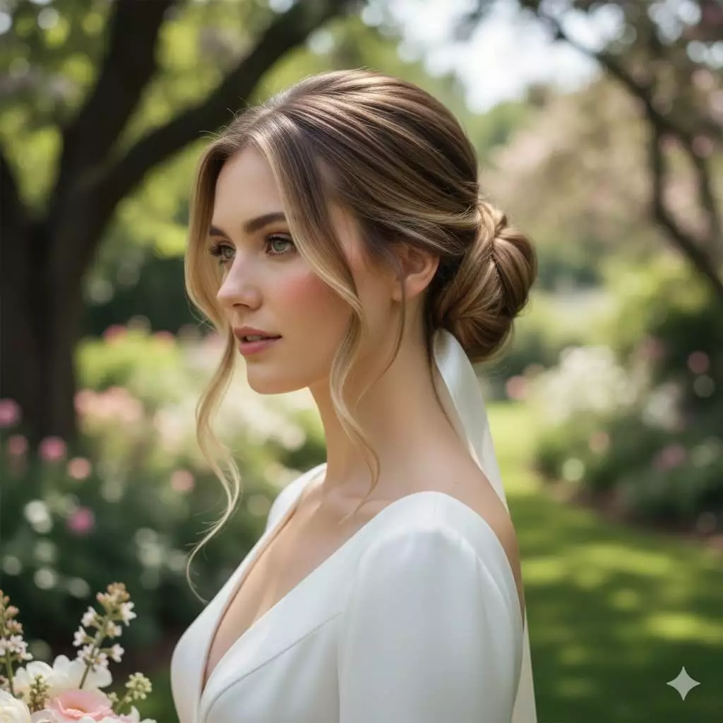 Soft textured low bun wedding updo long hair 2026, romantic face-framing tendrils, silk ribbon accent, outdoor garden wedding, vertical crop