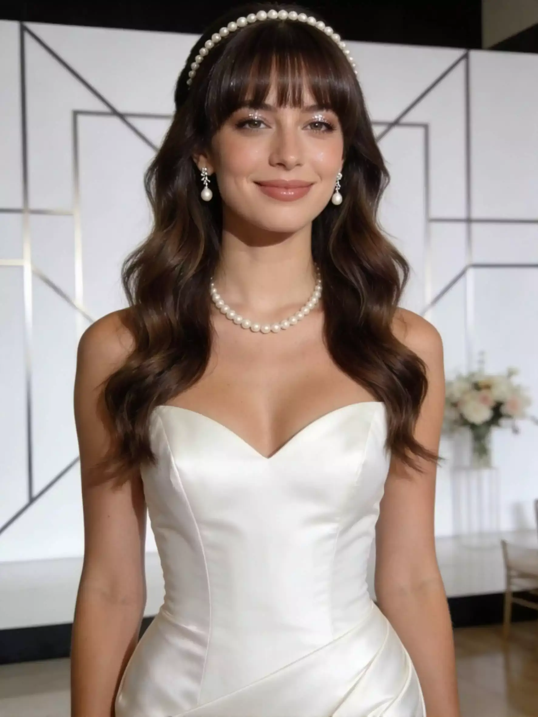 Alt: Bride with bouncy blowout waves, soft curtain bangs, glossy finish, minimalist pearl headpiece, vertical mobile crop