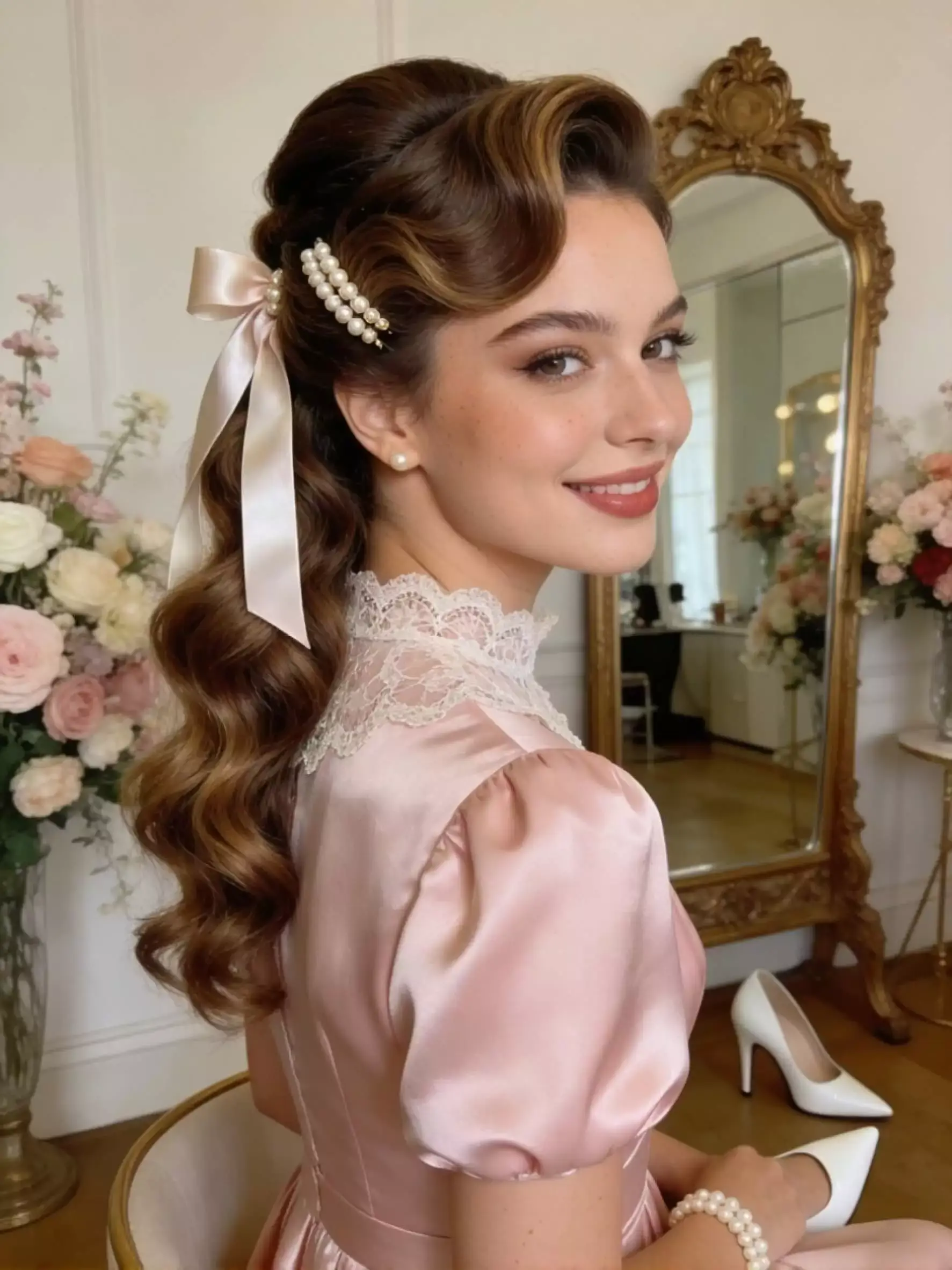 long hair wedding waves — half-up Hollywood waves with pearl clip and satin ribbon, glossy soft curls for bridal glam