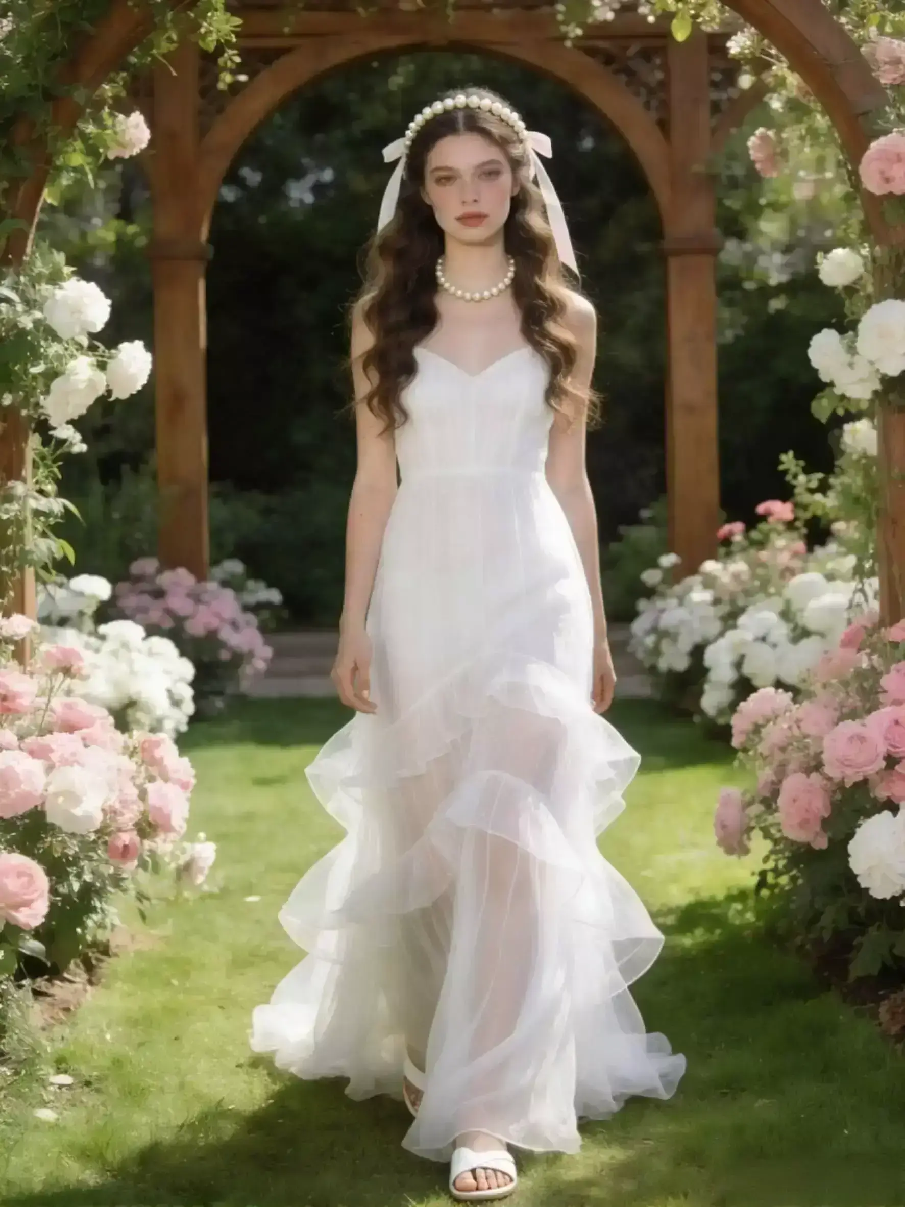 Alt: Undone full-length mermaid waves with delicate pearl and ribbon accents, vertical mobile-friendly crop, garden wedding