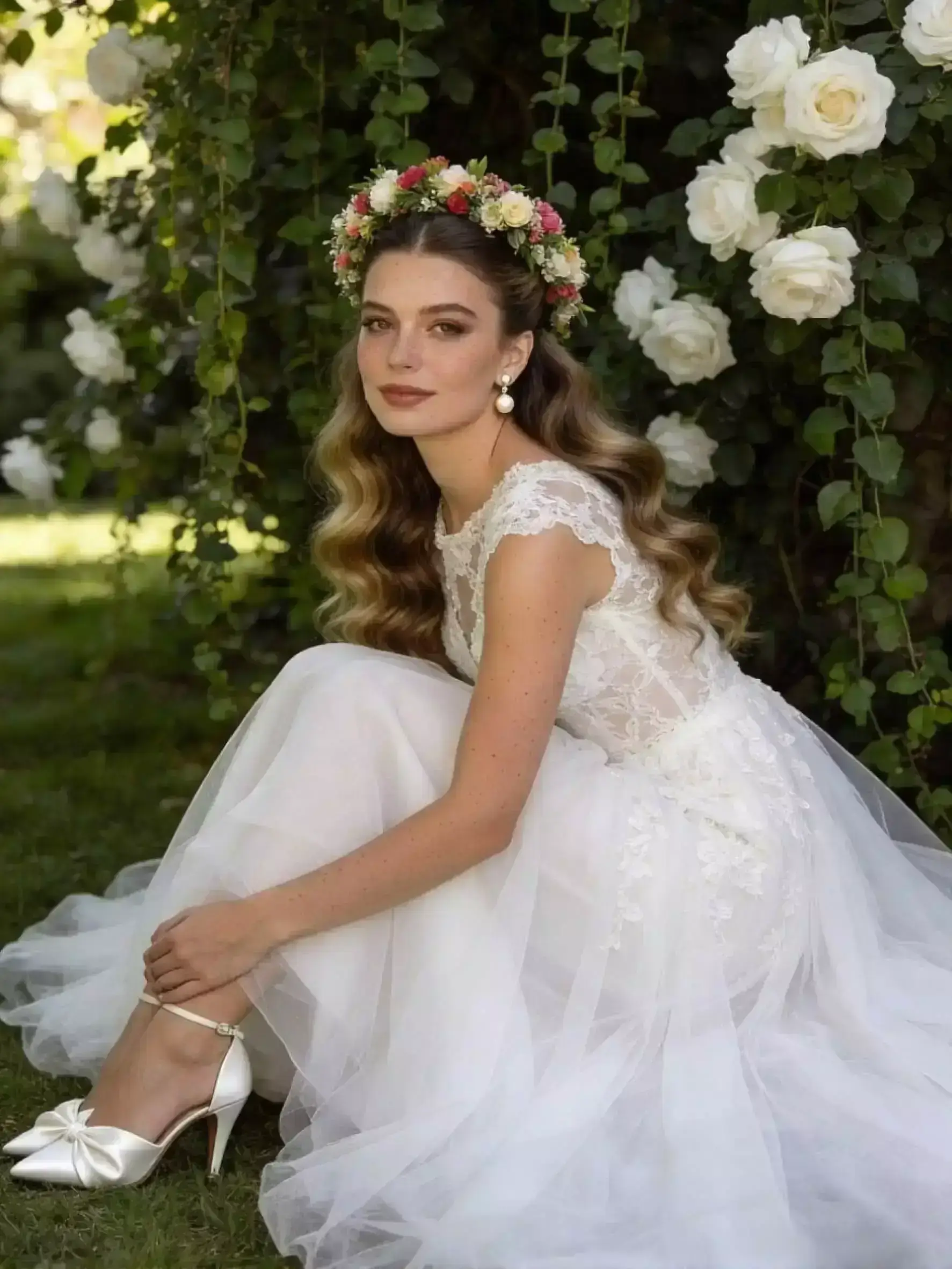 Alt: Bride with soft mermaid waves, half-up top section, adorned with fresh flower crown, romantic outdoor light, vertical mobile crop