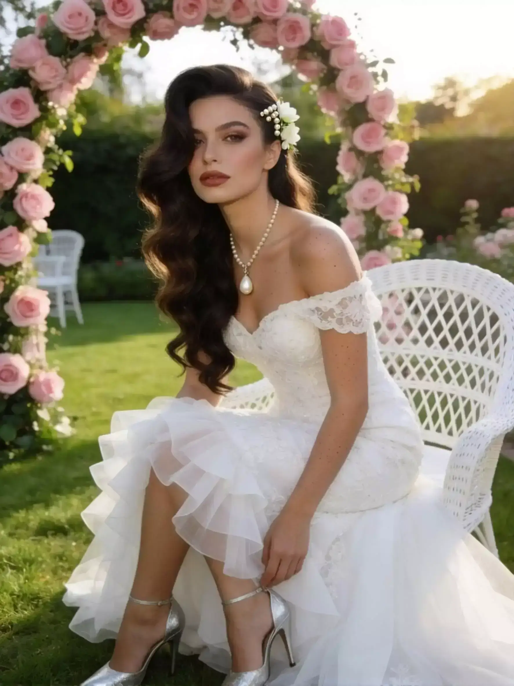 Alt: Dramatic asymmetrical side-swept wavy hairstyle, pearl and flower accents, vertical mobile-friendly layout, garden wedding