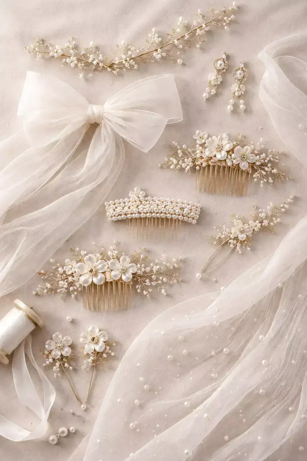 Alt: Collection of bridal hair accessories including pearls, ribbons, floral clips, and delicate veils, mobile-optimized vertical crop