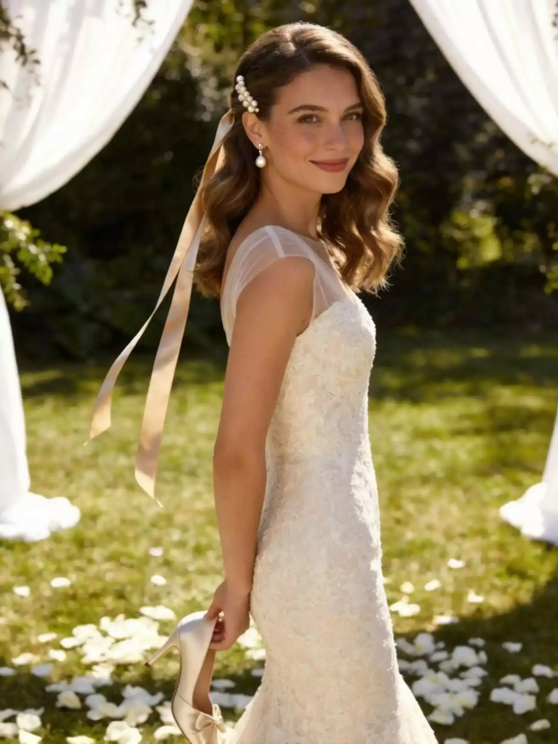 Alt: Bridal hairstyle with pearl pins and ribbons incorporated into soft waves, outdoor light, vertical mobile crop