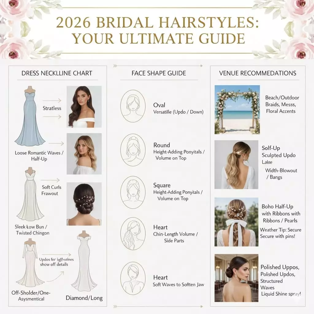 Infographic showing how to choose bridal hairstyle by dress neckline, face shape, and wedding venue