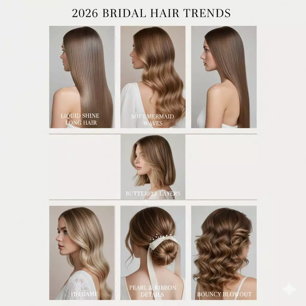 Collage of 2026 bridal hair trends including liquid shine, soft mermaid waves, butterfly layers, pearl & ribbon details, bouncy blowouts