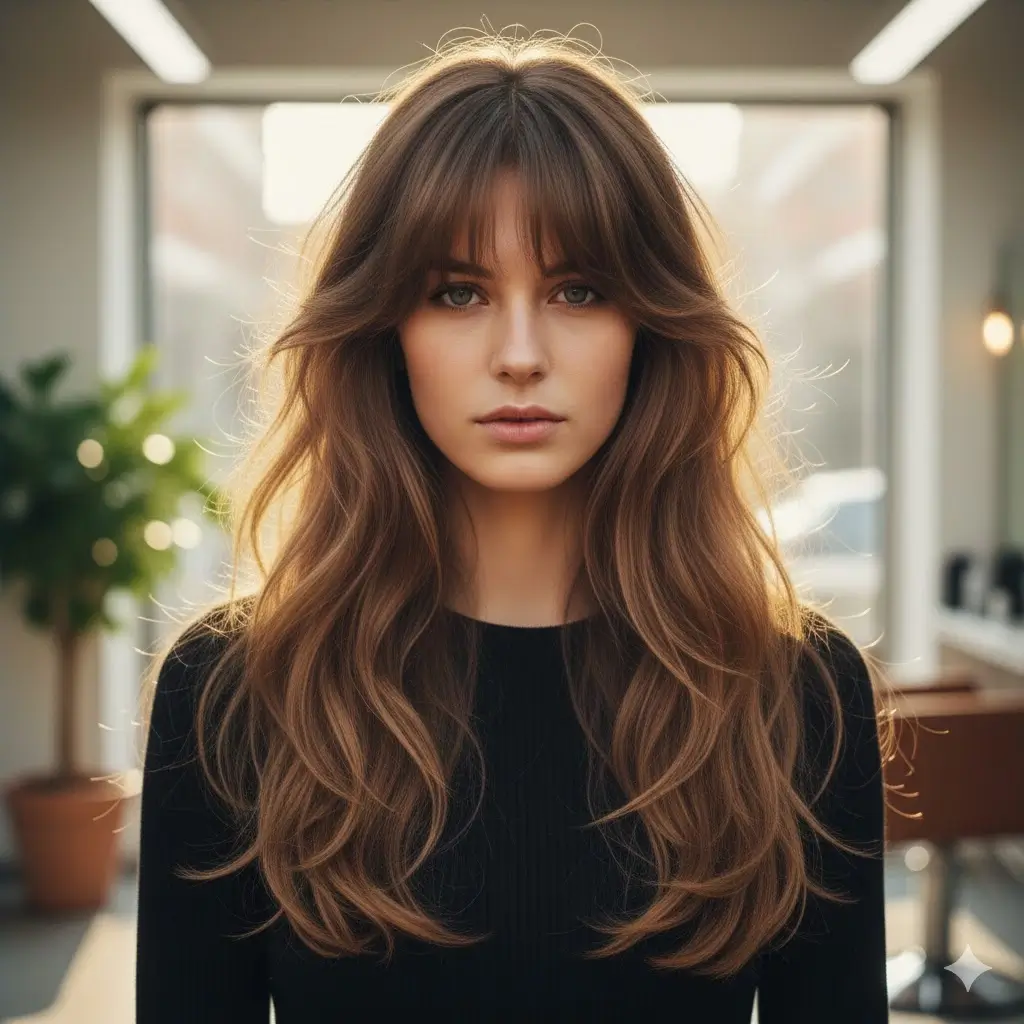 Heavy shaggy layers with long curtain bangs and textured ends, original Korean wolf cut on waist-length hair