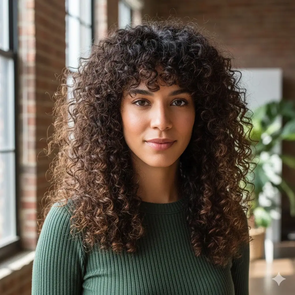 Naturally curly hair with chopped wolf layers and short curtain bangs