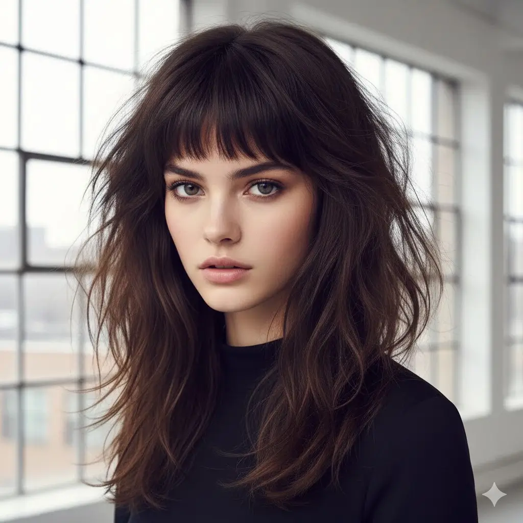 Super short baby bangs + heavy textured layers