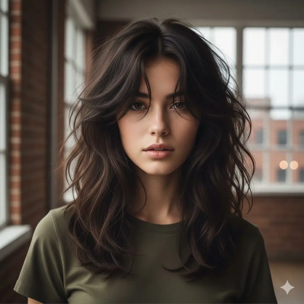 Bangs-free version with long face-framing layers swept to the sides