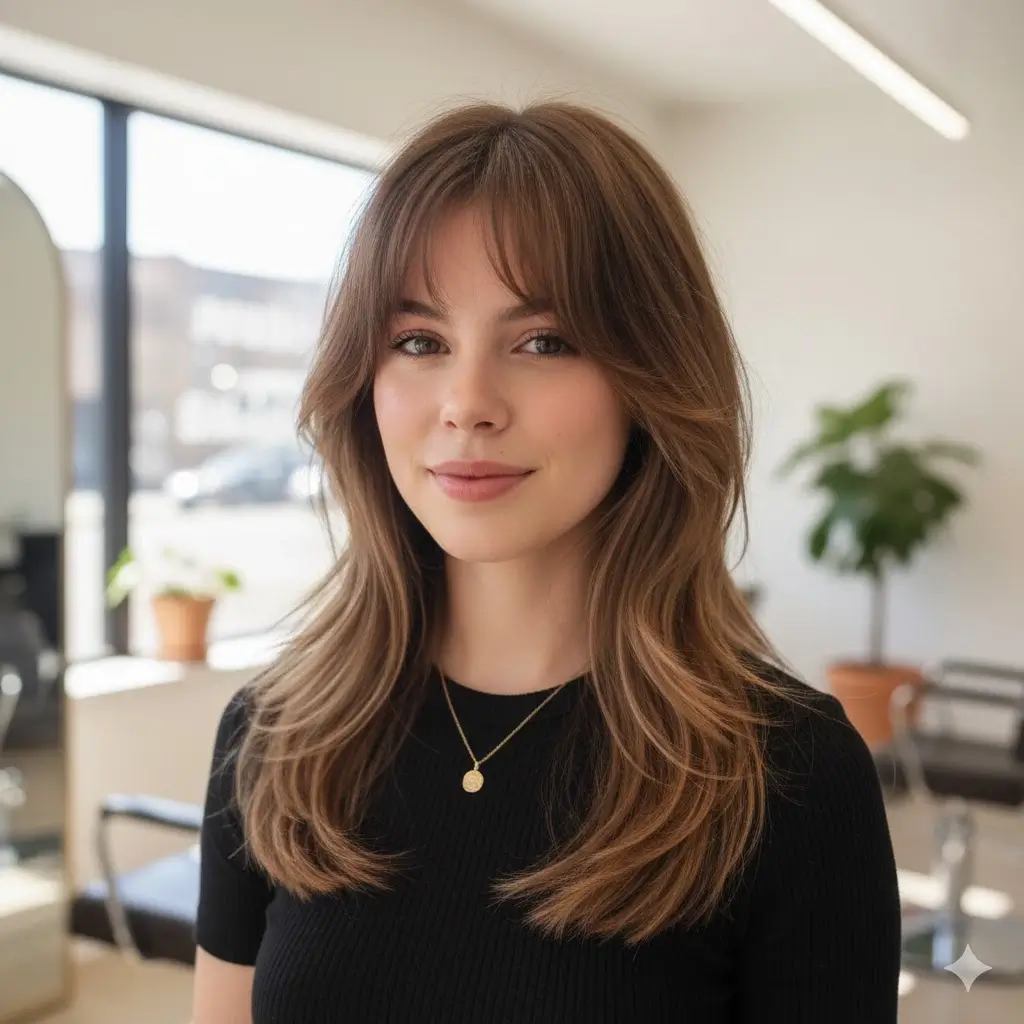 Gentle shaggy layers with wispy curtain bangs, perfect for first-timers