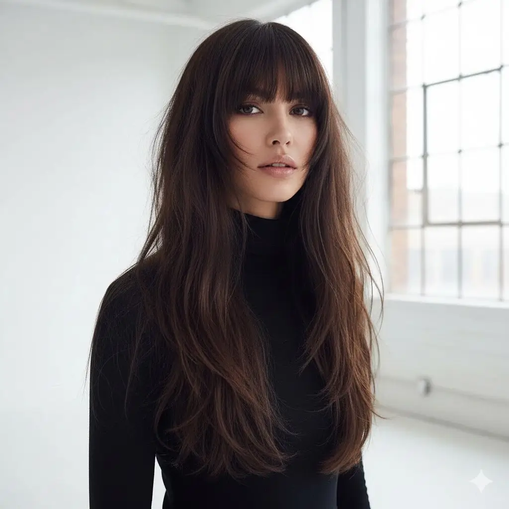Pin-straight hair with heavy choppy layers and sharp curtain bangs