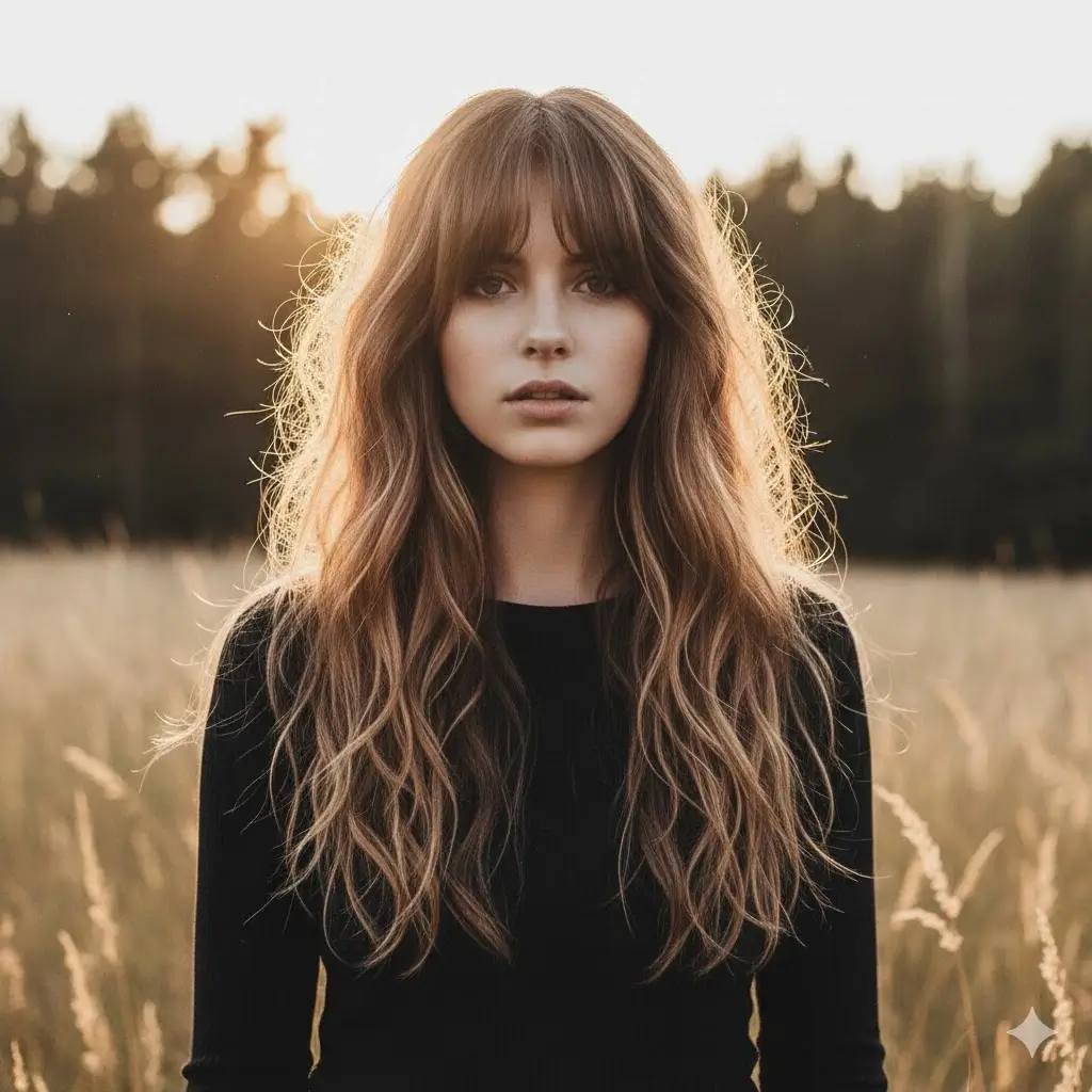 Waist-length long wolf cut with heavy textured layers, curtain bangs, and messy waves catching sunlight, the #1 most viral haircut of 2026