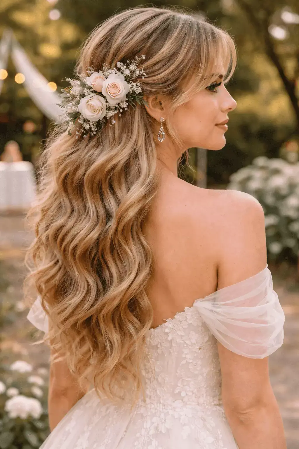Bride with long wavy hair decorated with fresh flower accents near the ear; boho outdoor setting