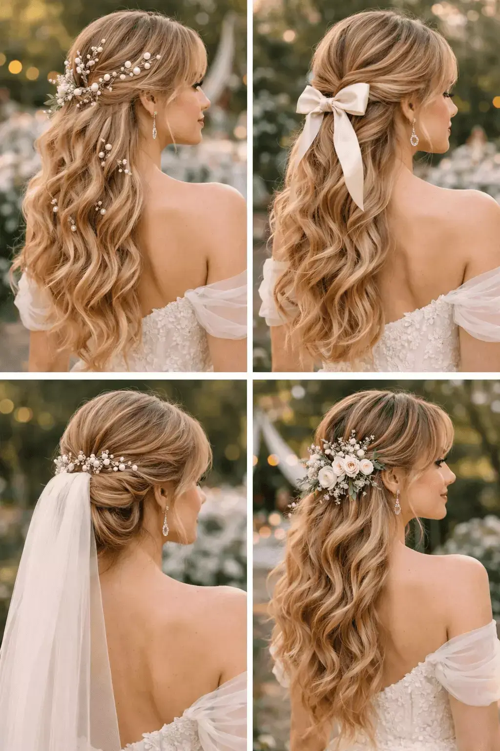 Collection of bridal hair accessories: pearl pins, ribbons, floral clips, delicate veils
