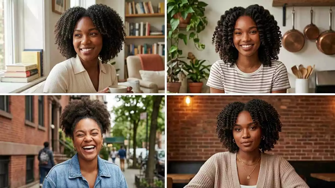 black natural hairstyles collage with defined curls, soft coily volume, an afro puff, and everyday natural texture