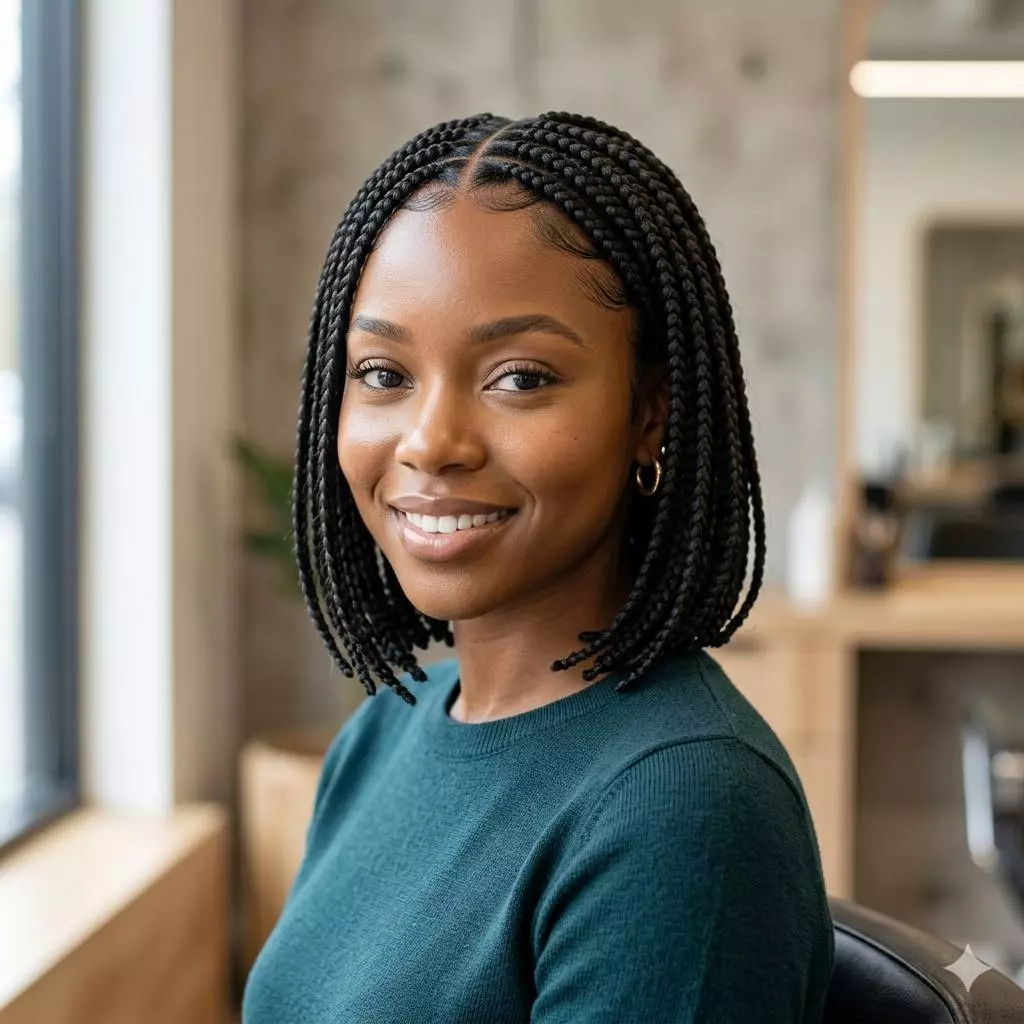 bob braids for Black women with chin-length braided shape, clean parting, and lightweight protective style finish
