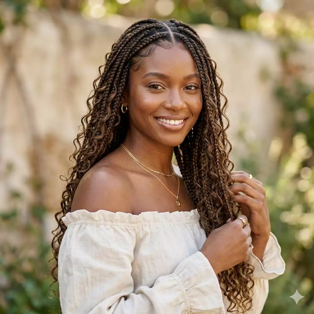 boho braids for Black women with loose curls, medium braids, soft movement, and a relaxed protective style finish
