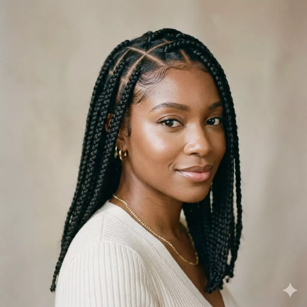 box braids for Black women with clean square parts, medium braids, and a classic protective style finish