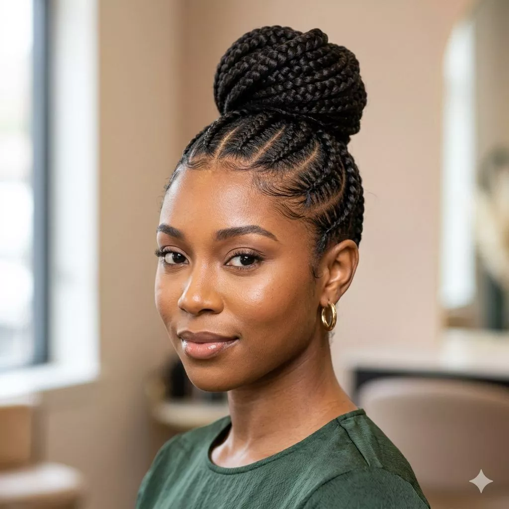 braided bun for Black women with neat cornrow base, wrapped bun shape, clean edges, and elegant protective styling