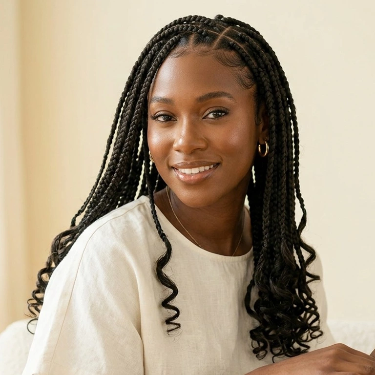 Black woman with medium knotless braids, soft curled ends, natural-looking roots, and gentle face-framing movement