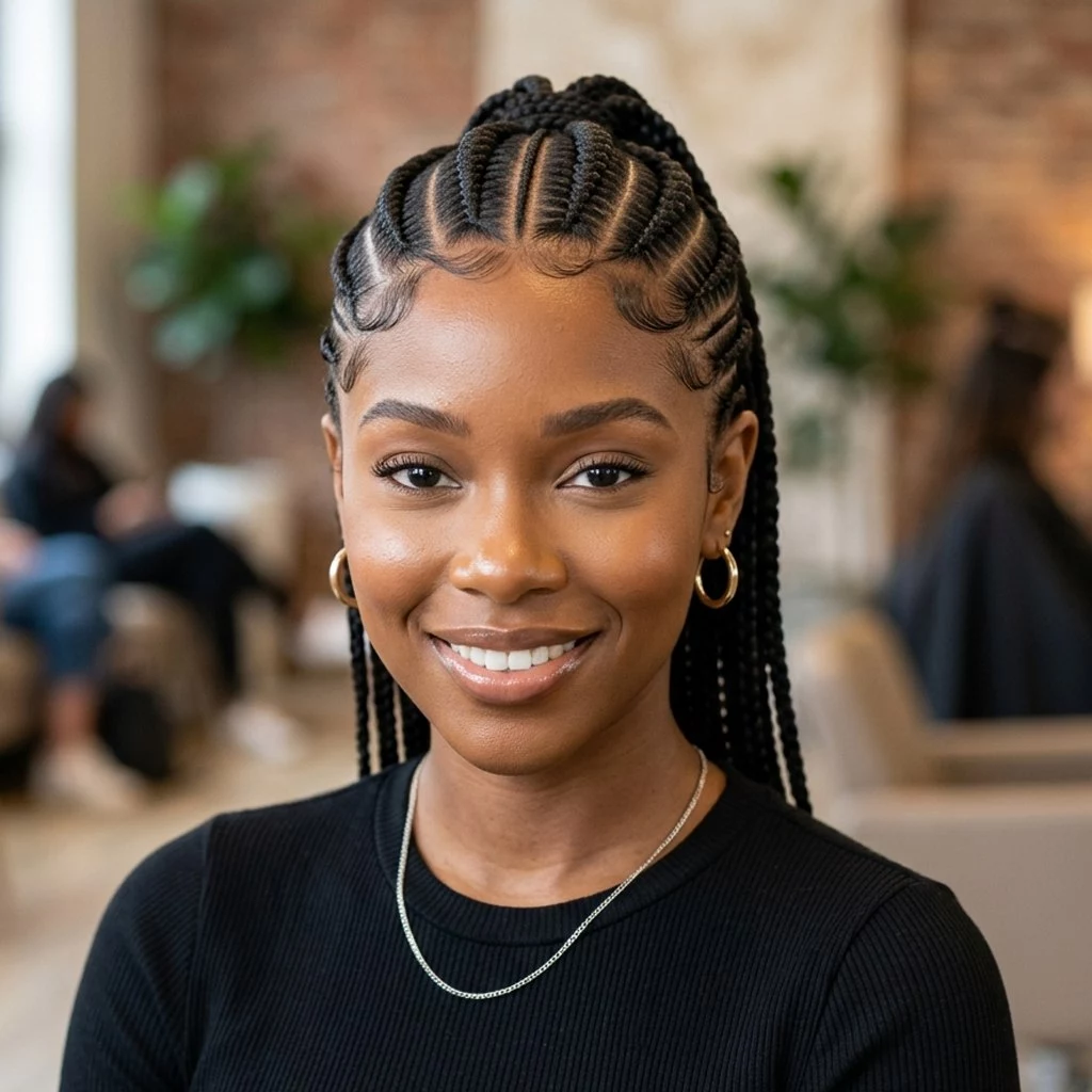 cornrows feed-in braids and stitch braids for Black women with straight-back braids, sharp parts, and polished protective styling