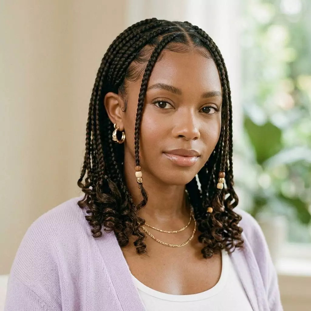 cute braided hairstyles for Black women with medium braids, curled ends, small face-framing braids, beads, and a soft everyday look