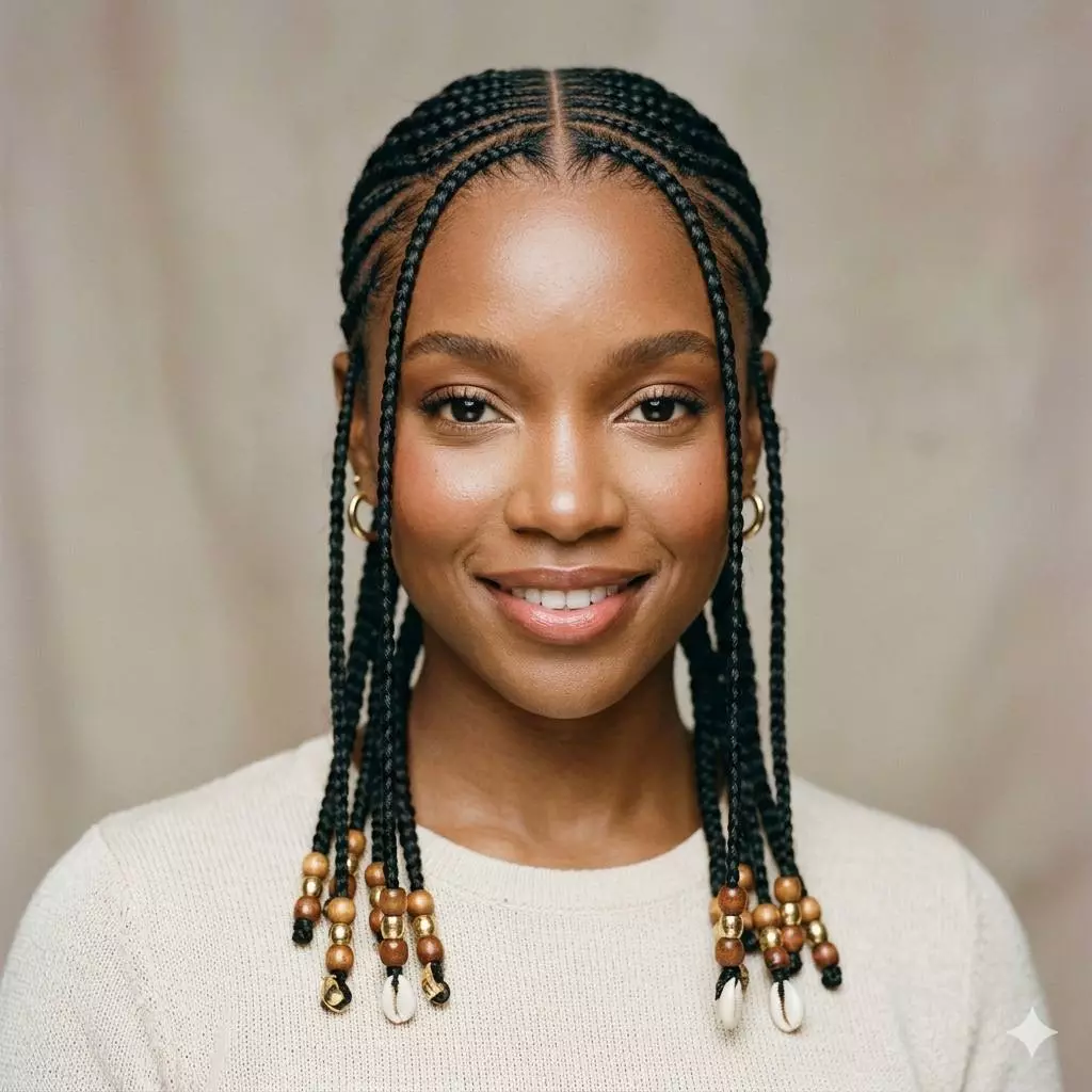 Fulani braids for Black women with face-framing braid placement, neat center detail, beads, and soft protective styling