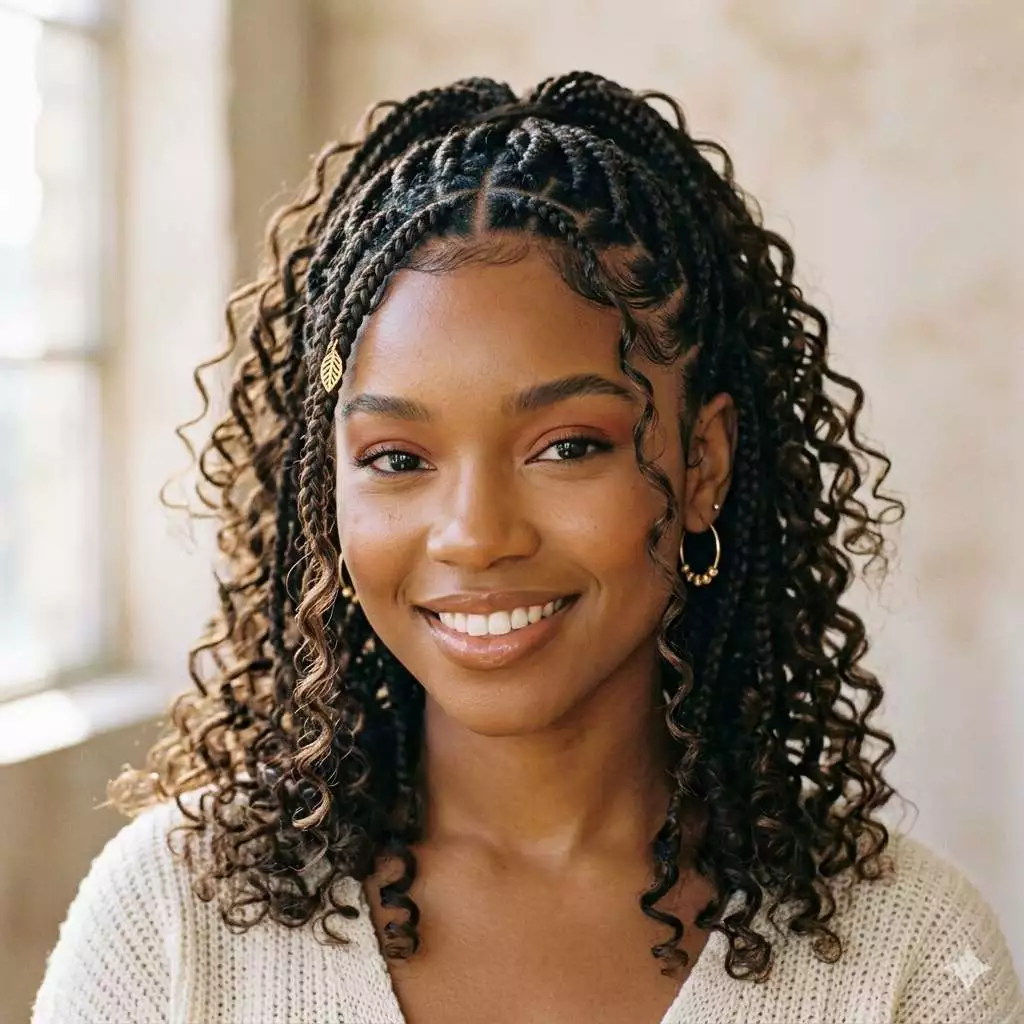half boho braids for Black women with loose curls, soft braid detail, face-framing pieces, and relaxed protective styling