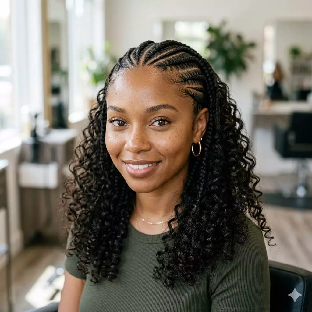 half cornrows half curls hairstyle for Black women with clean braid detail, loose curly volume, and balanced face framing
