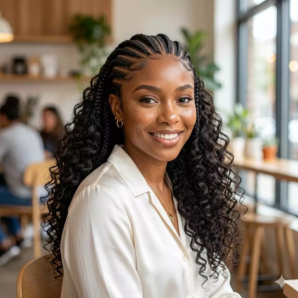 half feed-in braids for Black women with smooth front braids, loose back curls, clean parting, and soft protective styling