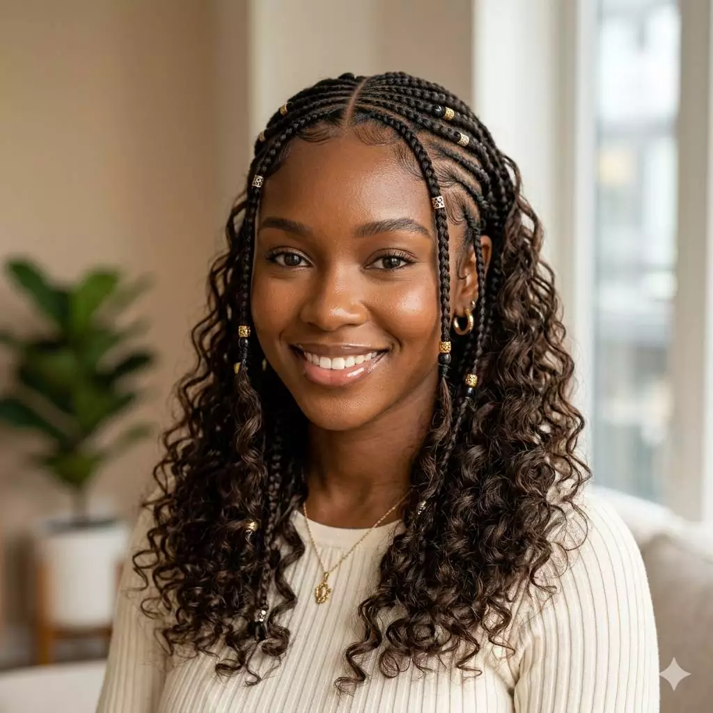 half Fulani braids for Black women with face-framing braid detail, soft loose curls, beads, and natural movement
