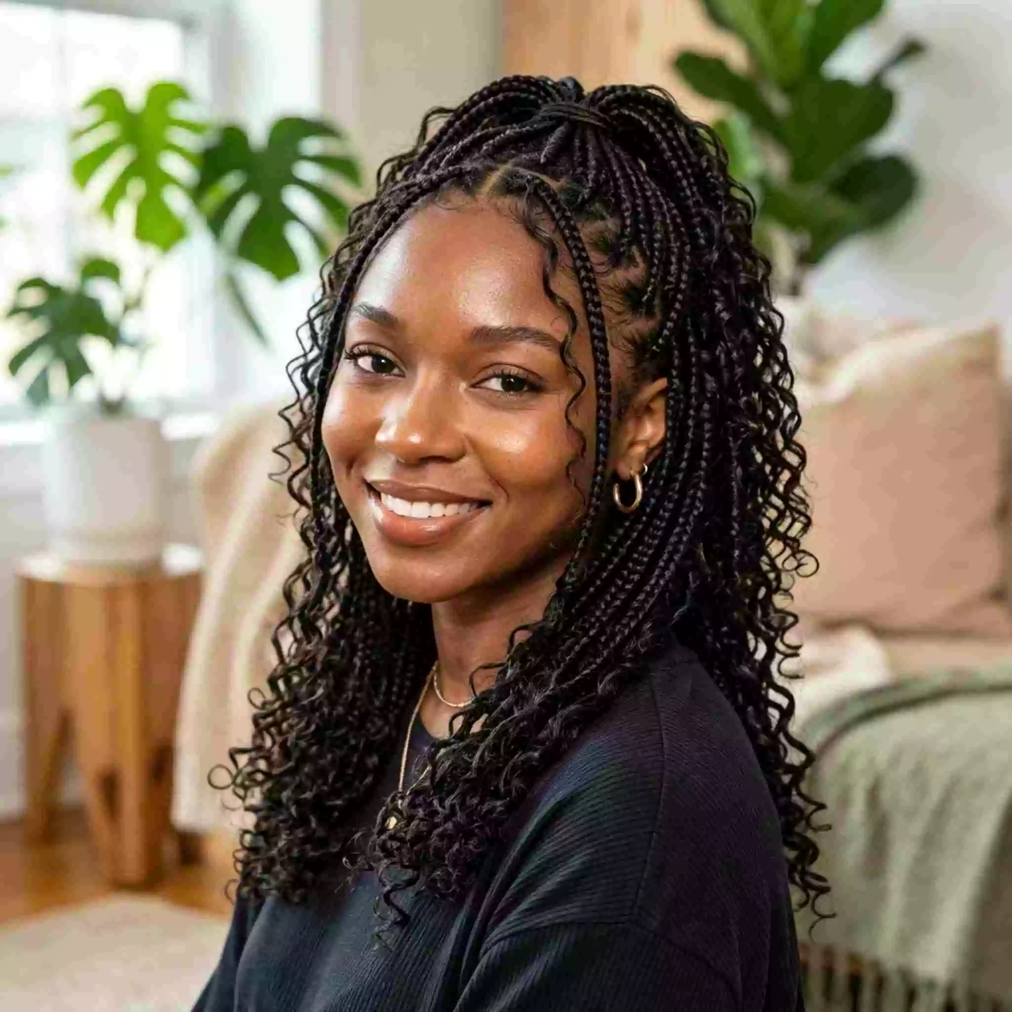 half-up braids for Black women with loose curls, lifted crown, small face-framing braids, and soft everyday volume