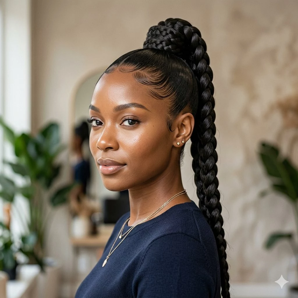 high braided ponytail for Black women with sleek base, wrapped braid detail, and long lifted ponytail shape